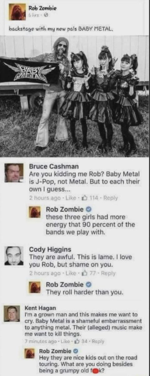 BenisKen's tweet image. That time Rob Zombie took a picture with Babymetal then got mad at fans who talked down about them.
