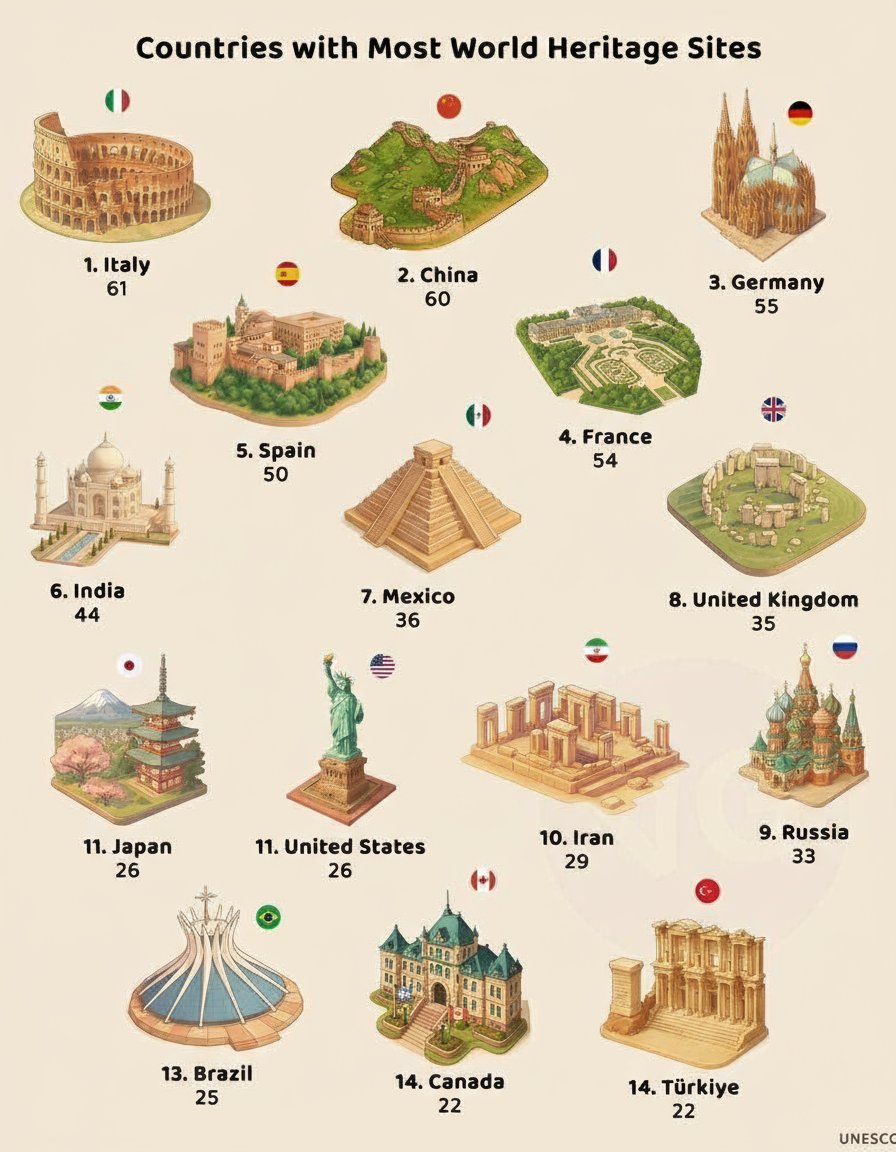 Countries with Most World Heritage Sites

1. 🇮🇹 Italy - 61
2. 🇨🇳 China - 60
3. 🇩🇪 Germany - 55
4. 🇫🇷 France - 54
5. 🇪🇸 Spain - 50
6. 🇮🇳 India - 44
7. 🇲🇽 Mexico - 36
8. 🇬🇧 United Kingdom - 35
9. 🇷🇺 Russia - 33
10. 🇮🇷 Iran - 29
11. 🇯🇵 Japan - 26
11. 🇺🇸 United States - 26
13. 🇧🇷
