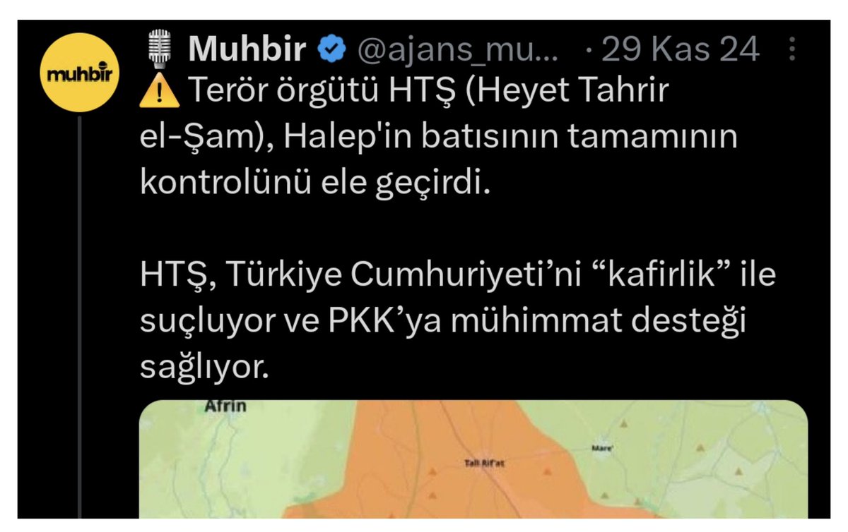 Aynı hesap şu an Pkk ile savaşan, Türkiye ile ilişkileri iyi olan Htş grubu hakkında “PKK’ya silah veriyorlar. Türkiye’yi tekfir ediyorlar” diye dezenformasyon haber girmiştir.

Htş ordusunda ciddi bir kısmı sünni Türkmen’dir. Oysa Esed Türk katili bir Nusayri Araptı. Lazkiye’de