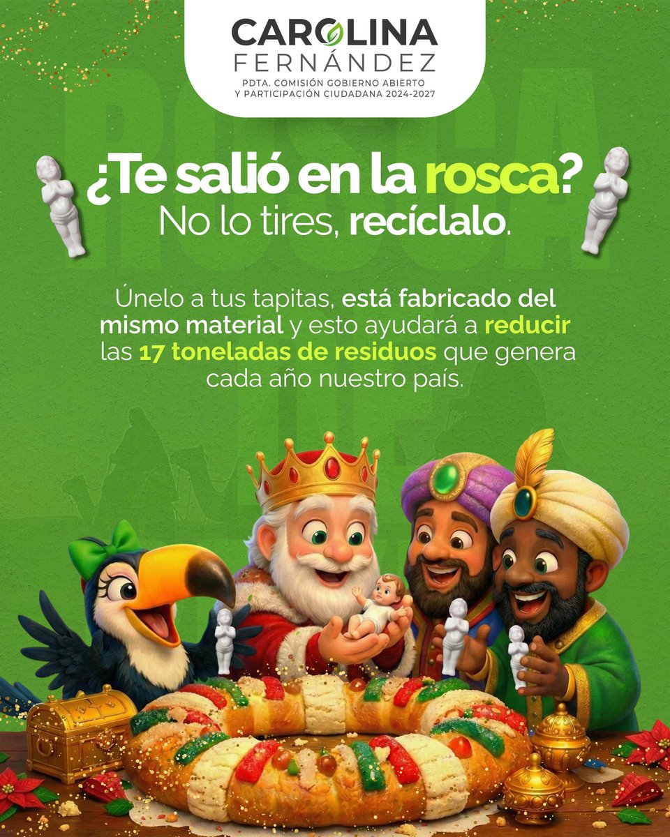 ✨Después de partir la Rosca, no olvides que los muñequitos también pueden tener un segundo uso. ♻️💚

Reutilízalos, dónalos o recíclalos correctamente. Pequeñas acciones hacen una gran diferencia para el planeta. 🌎 

#CarolinaFdzRegidora 💚 #ParticipacionCiudadana #diadereyes