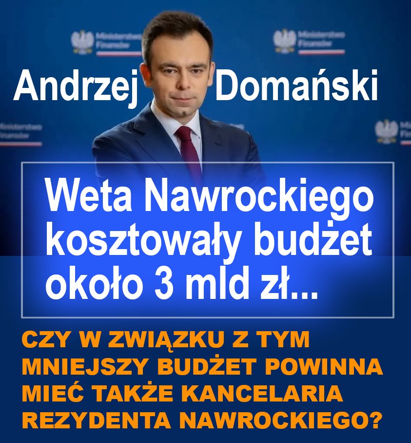 Minister <a href="/Domanski_Andrz/">Andrzej Domański</a>  pyta, kto z Was jest za tym, aby Nawrocki na budżecie własnej kancelarii odczuł skutki obcinania pieniędzy budżetowi Polski???
Weta niepoliczonego Karolka kosztowały budżet kraju już około 3 mld złotych!
Po co komu taki prezydent?