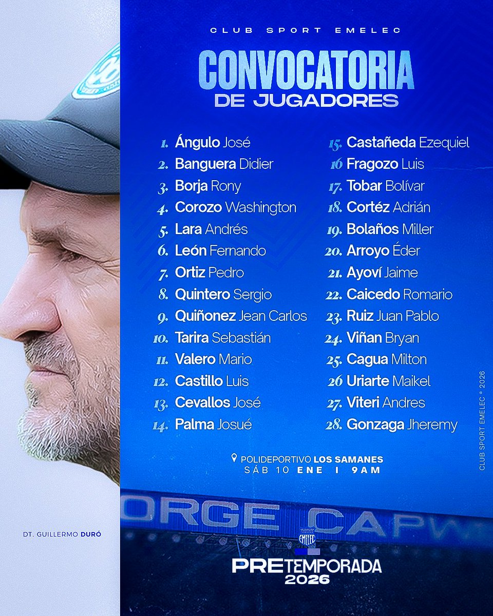 𝑪𝒐𝒏𝒗𝒐𝒄𝒂𝒅𝒐𝒔 📋⚡️

Lista de jugadores citados por el profe Guillermo Duró para la pretemporada 2026 🔵💡

#CSE #Emelec #Pretemporada2026