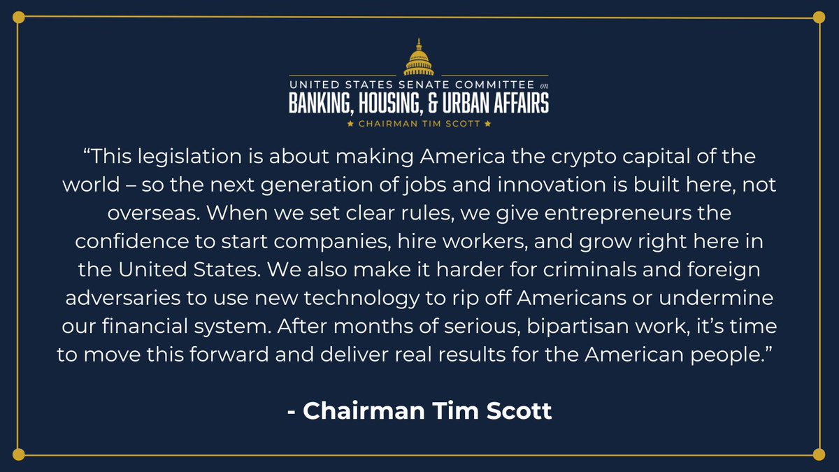 BankingGOP's tweet image. Chairman @SenatorTimScott is moving forward on digital asset market structure legislation – delivering clear rules that protect Main Street, keep innovation here at home, and safeguard U.S. national security.

Read his statement on next week’s markup ⬇️