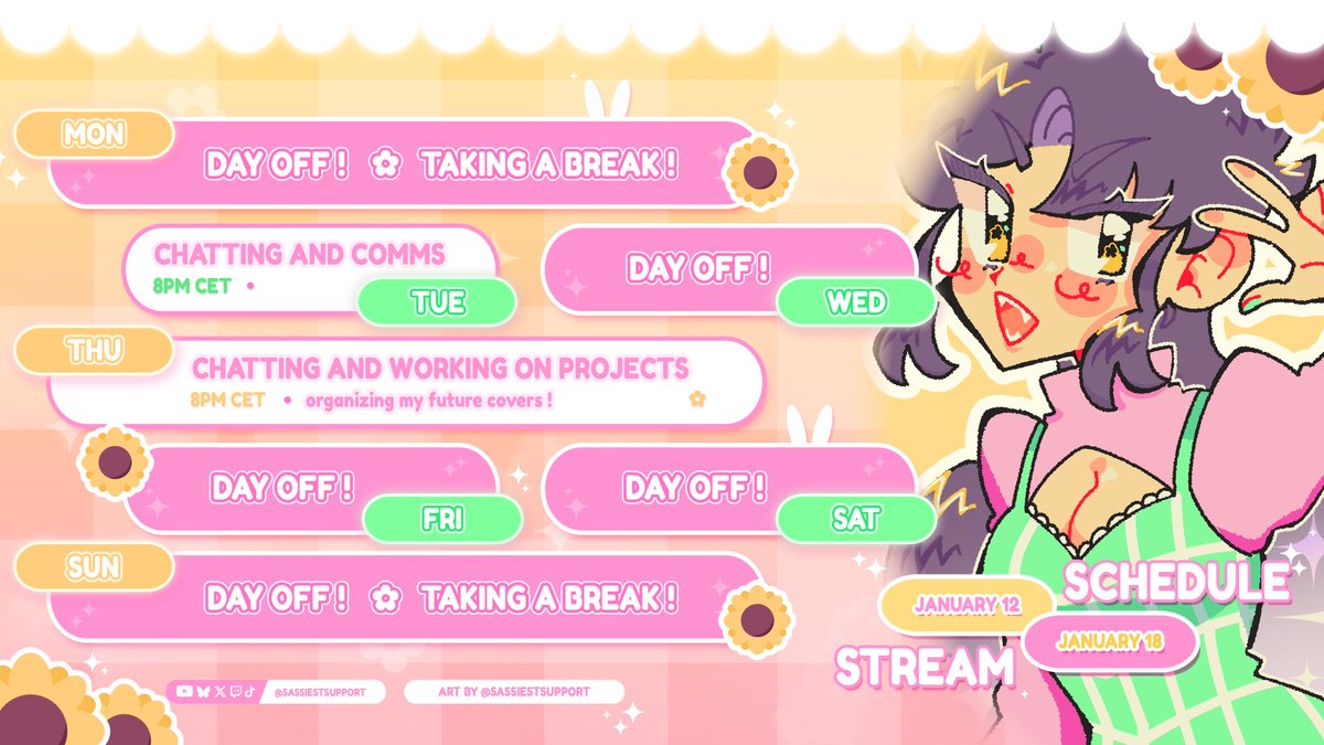 🌻 I'll be back streaming next week ! I've got my new job so we'll do chill stuff so I can rest a bit, ehehe !

TUESDAY 13th - Chatting and working on commissions
8PM CET 🕗

THURSDAY 15TH - Chatting and working on projects !
8PM CET 🕗

LIVE on TWITCH ! 🌻✨
