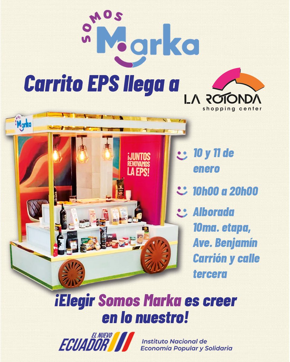 ¡La #EPS te sorprende con sabor y calidad! 👏

Este 10 y 11 de enero ven a #LaRotonda Shopping Center, disfruta y prueba los mejores productos de la EPS en nuestro #CarritoItineranteEPS.

¡No te lo pierdas!
📍 10ma. Etapa - Av. Benjamín Carrión, #LaAlborada, #Guayaquil