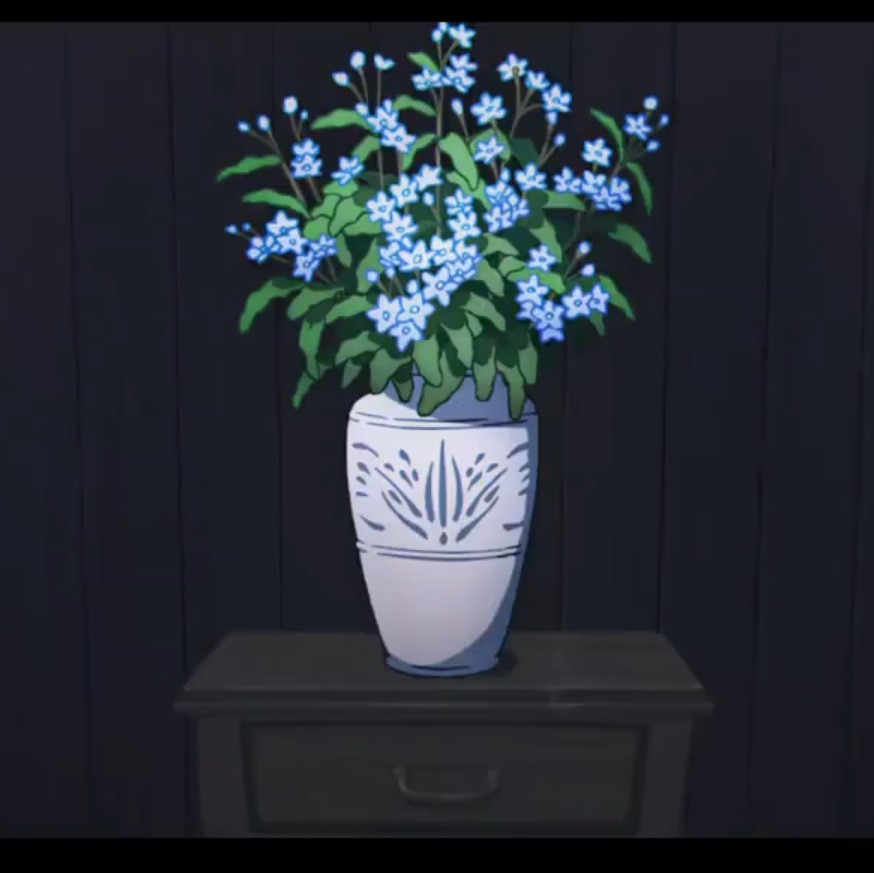 s2toruns's tweet image. eu não tô louco, esse vaso de flores que o satoru tem na sala dele na s3 é um vaso de flores de velório, igual as que ele levava na op2 vivid vice. no vaso tem miosótis, uma flor que simboliza memória e lembranças, amor que permanece, laços que não se cortam, saudades de alguém +
