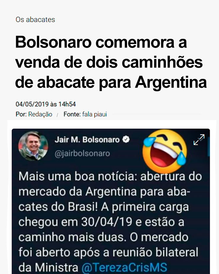 O Brasil de 2026 e o de 2019:

1. Lula comemora um acordo histórico entre Mercosul e União Europeia.

2. Bolsonaro comemora a venda de dois caminhões de abacate para a Argentina.