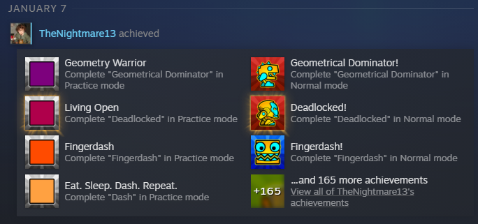 now i unlocked 172 geometry dash's achievements in less than a minute