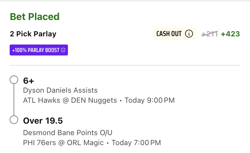 BostonBoosts's tweet image. Got lucky with the DK 100% NBA. Going with this, though you could do Dyson 7+ for longer odds, or even playable alone.

Better than 2u, but playing it there for ball security

Let’s cash 🤝
