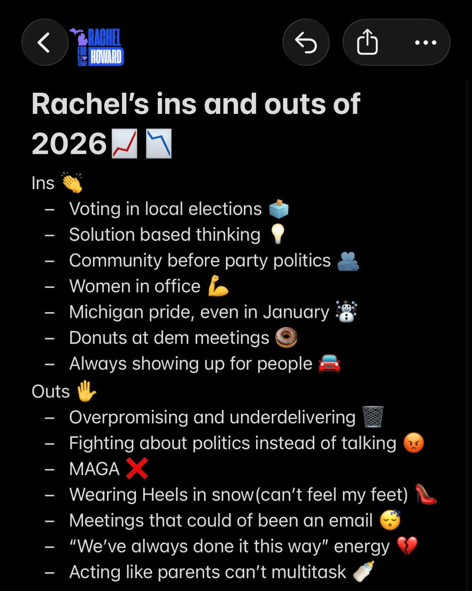 RachelForSenate's tweet image. 2026 is about showing up, listening, and actually getting things done. New year, new priorities. 
What are your ins and outs for this year? 🎉🎉  
#RachelForSenate #RachelHoward #MakeMichiganVoicesMatter