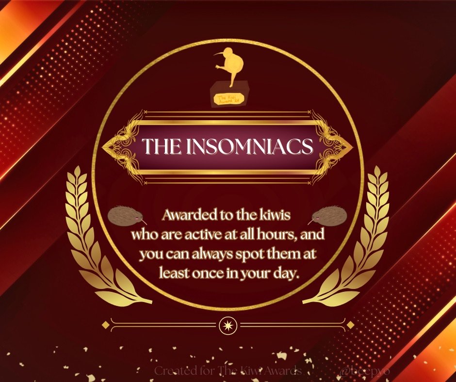 thekiwiawards's tweet photo. Hi Kiwis, it’s Day 9 of kiwi award announcements! We’re halfway, expect a recap soon, the team might be losing sleep but not as much as this next award…
Yawns… Oh right - The Insomniacs Award!
#fortsy #fortsyfort #thekiwiawards https://t.co/kO8xGRxFZS