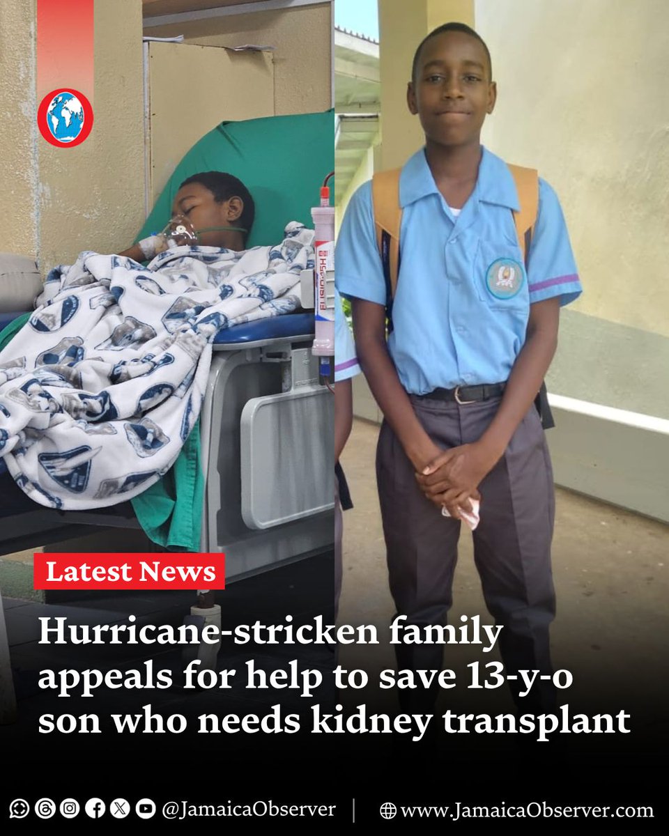 JamaicaObserver's tweet image. A Westmoreland family still reeling from the effects of Hurricane Melissa are appealing to the public for assistance to save the life of their 13-year-old son who has been diagnosed with Stage 5 kidney disease.
jamaicaobserver.com/2026/01/09/hur…