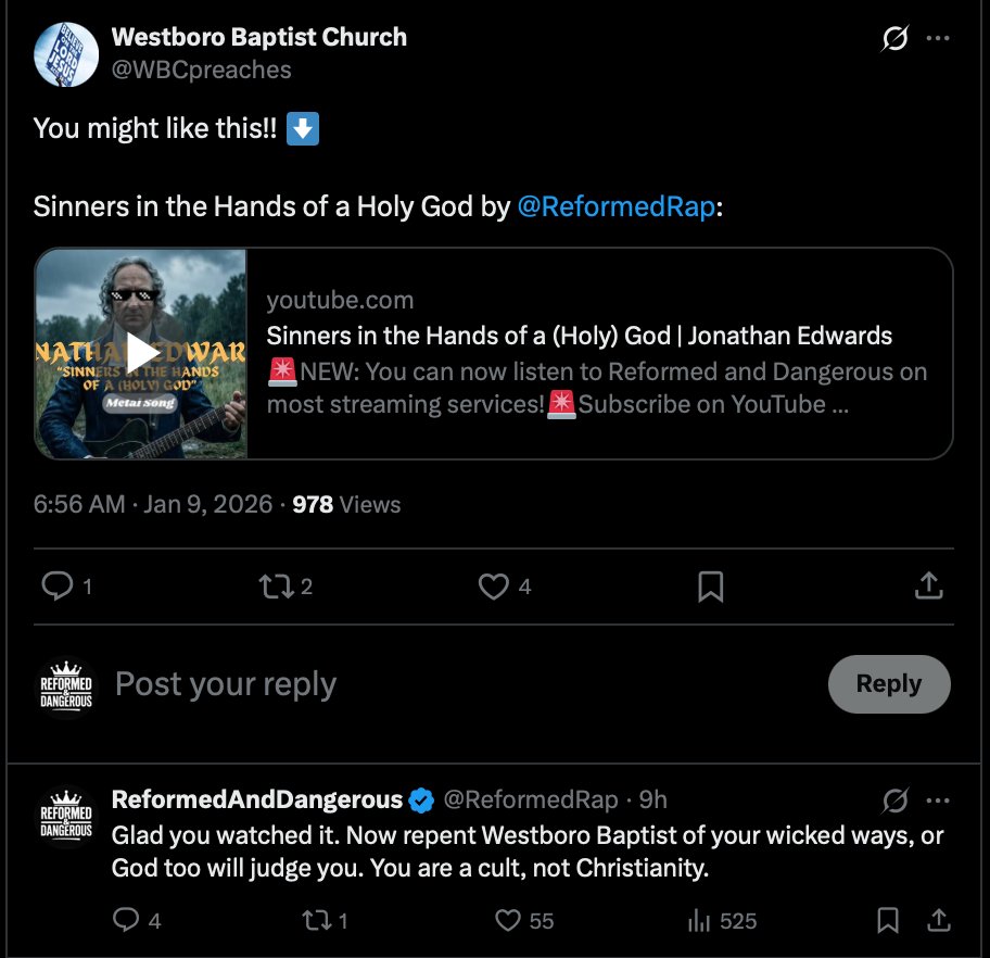 I did not have it on my Bingo card this year that I'd anger Westboro Baptist Church. I rebuked them for being a cult after they shared my video. 

Shirley Phelps then researched me and found out my Dad is a Presbyterian minister, and then made up some story how he's "woke" and