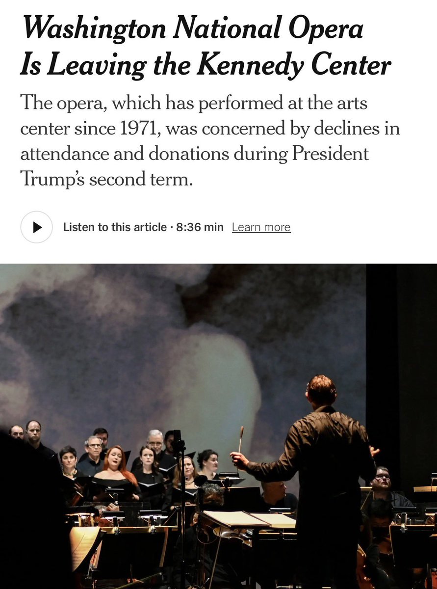 maddenifico's tweet photo. Holy shit! In the biggest 'FUCK YOU' yet to America's pedophile führer from a regular performer, the Washington National Opera is leaving the Kennedy Center where it has performed since 1971. This is the most consequential artistic rebuke to date of the psychotic shitstain's campaign to remake the Kennedy Center in his fascist authoritarian image. At this point, it would not be inaccurate to say Trump has destroyed the Kennedy Center.