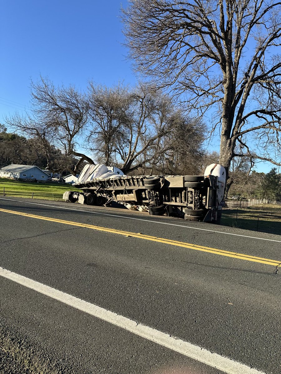 If you see a big rig and trailer on its side at State Route 29 near Siegler Canyon in Lower Lake, do not be discouraged. A big rig delivering gravel and sawdust overturned while turning into a private driveway. There are no injuries and the truck is not blocking the roadway.