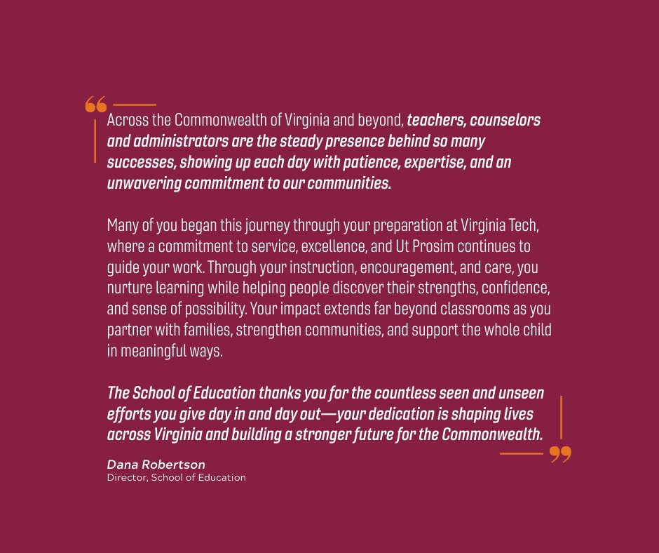 VaTechSOE's tweet image. We’re starting the new year with gratitude for the educators, counselors, and administrators serving Virginia and beyond. Your work strengthens communities and shapes lives every day.

💬 Reply or tag an educator you’re thankful for as we begin the year.
