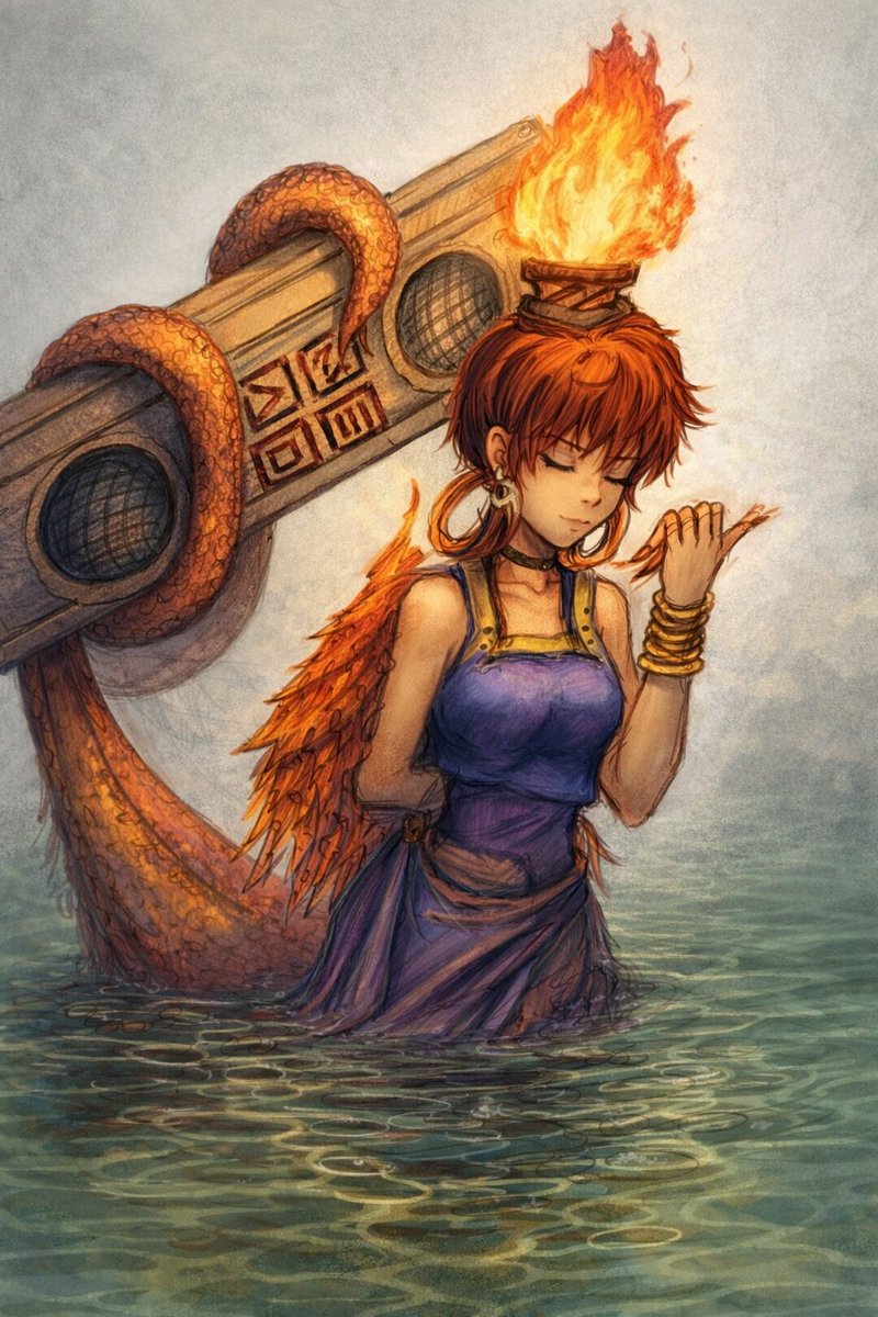 PinkMatrixLife's tweet photo. Original art done in pencil( pen?) the one you can erase ;) but I ask ai to color it... I'm kinda impressed,  seems obvious now but I didn't picture her hair as a torch and never could of color taking the lighting into consideration x10 for water #aiart and #orginalart https://t.co/YXFVCSlWSI