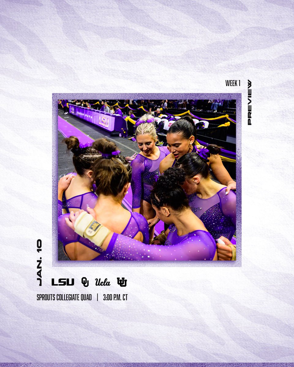 LSUgym's tweet photo. It all starts tomorrow 🙌

LSU will kick off the 2026 season at the third-annual Sprouts Collegiate Quad against Oklahoma, UCLA and Utah in session I on Saturday! 

Meet 1 | Jan 10 | 3 p.m. CT | ABC https://t.co/OerekknLz1