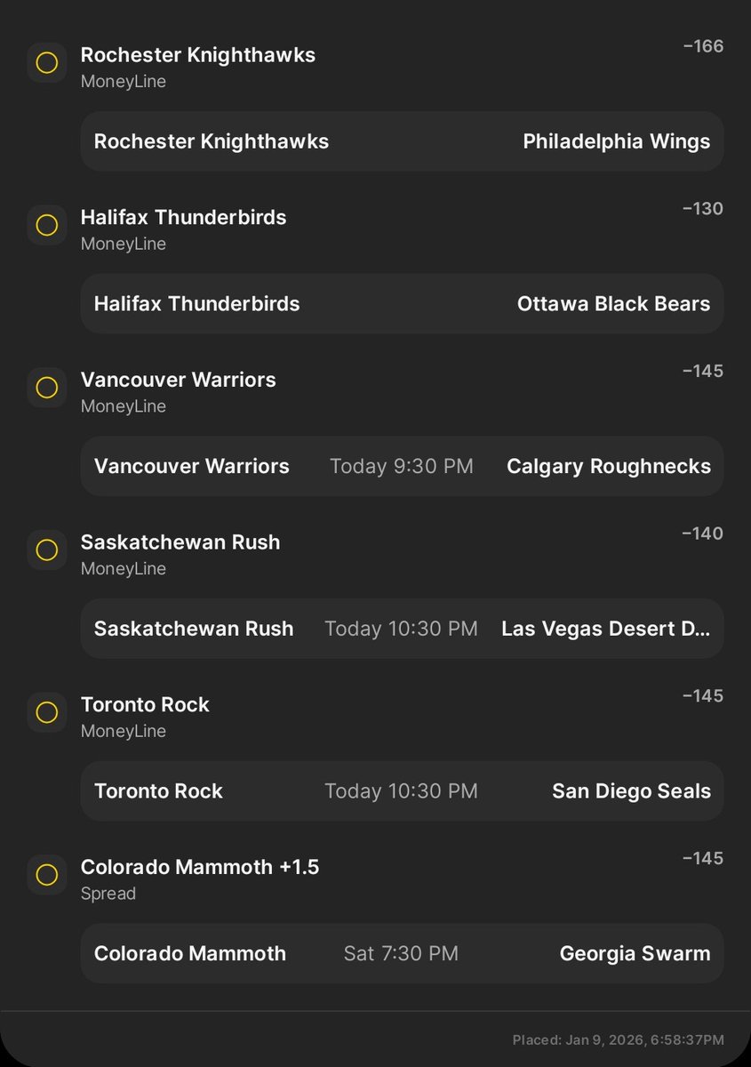 Amazing <a href="/NLL/">NLL</a> weekend ahead!

5 games tonight &amp; 3 tomorrow 🥍

Who I like in the 6 on the board going into tonight. 

Would have to lean Buffalo &amp; Halifax in the 2 games tomorrow not on the board yet.

Again itching for more games, bets, &amp; live to be available <a href="/DKSportsbook/">DraftKings Sportsbook</a> 🙏