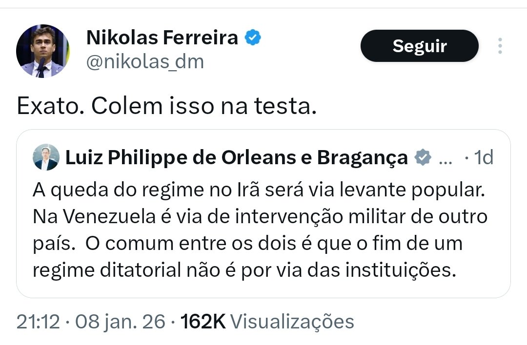 Dois deputados que, até agora, entregaram muito pouco — ou praticamente nada — diante da responsabilidade que receberam.
Nikolas, com milhões de seguidores e enorme alcance, nunca teve a coragem de usar esse capital político em defesa de Jair Bolsonaro e dos presos políticos. Foi