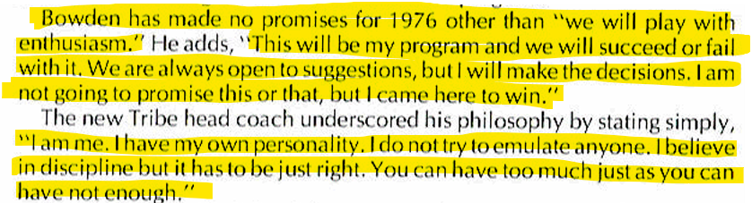 NotesOnNoles's tweet photo. In 1976 when Bobby Bowden returned to Florida State as the Head Coach, it is published in the Media Guide that he made no promises except one.

"We will play with enthusiasm."

As you see this concept - enthusiasm - repeated throughout Bowden's career, you realize this is not some filler statement, this is a foundational piece to the standard he established at Florida State. It is not the coolest buzz phrase, nor some X's & O's revelation, but fitting coming from Bowden who exceled as a Merchant of Belief. 

In the documentary "A Winning Way" (released 2009), Coach Bowden described what enthusiasm meant to him and why it mattered.