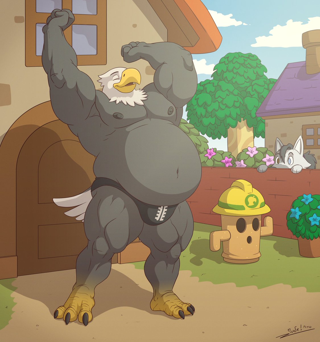 ZiudeWolf's tweet image. Apollo having a nice morning streeeeeeeeetch &amp;lt;3 next to a curious little neighbor :3c

Don't ask me how Apollo fits in his house though