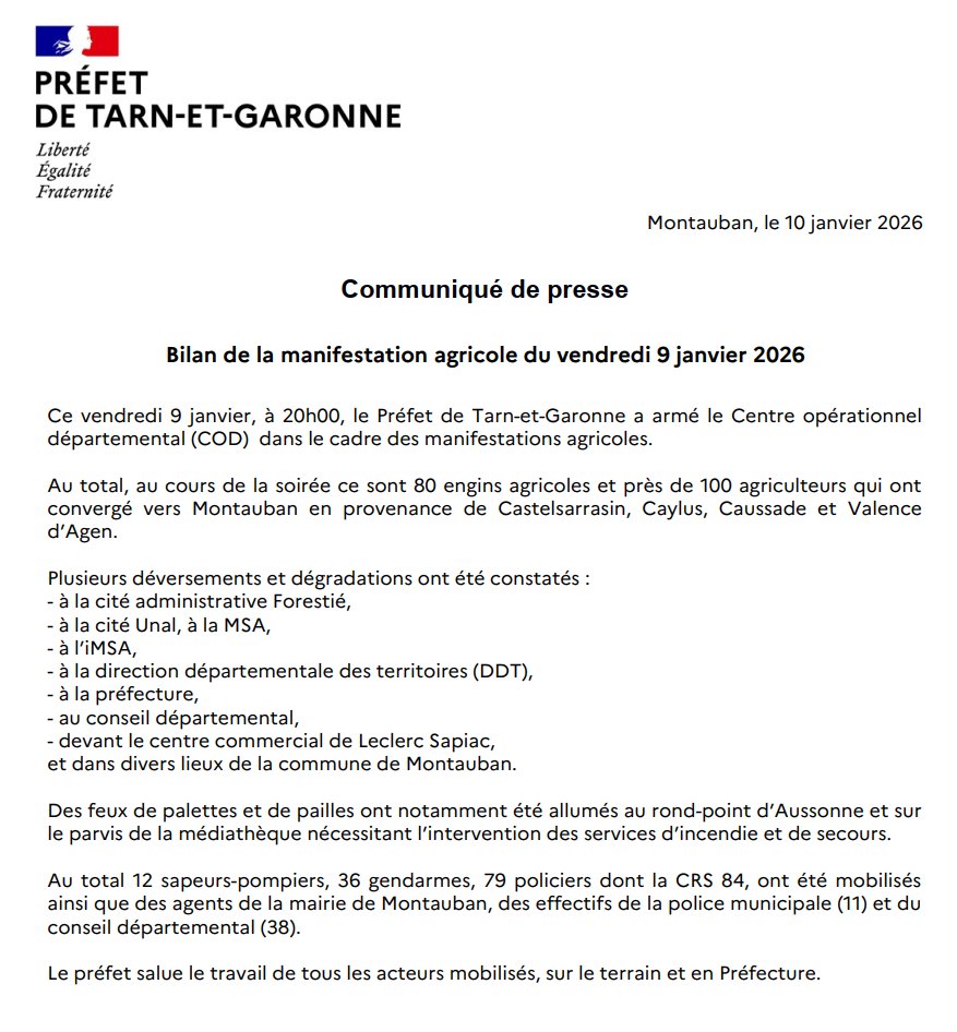 Image de Préfet de Tarn-et-Garonne - #Communiqué 🗞️ l Bilan des manifestations agricoles du 9 janvier 2026.
Le préfet salue le travail