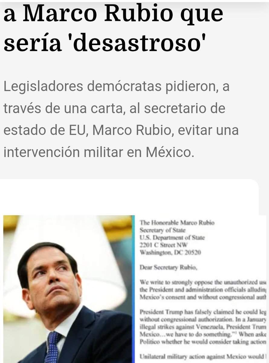 Demócratas alertan a Rubio que sería “desastroso” para EE.UU., atacar en suelo mexicano.
En cuestiones de seguridad nacional, México es aliado de Estados Unidos al ser el primer punto de defensa de la frontera sur.