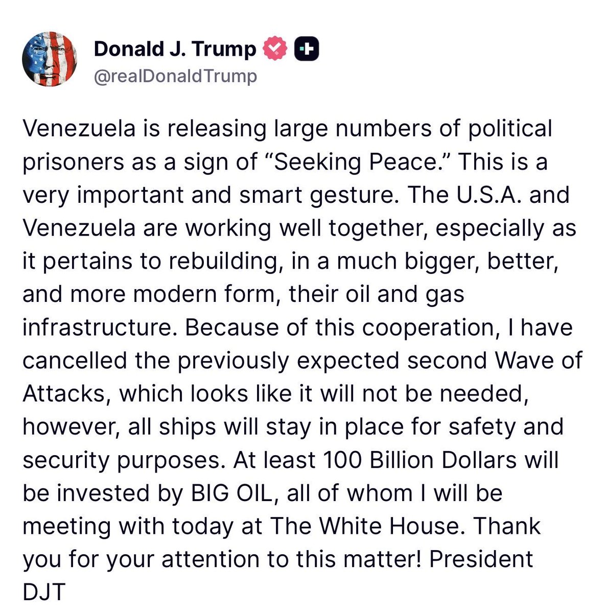 profsrecord's tweet image. BREAKING 🚨 At 4:19 AM President Trump stuns the World by saying he has cancelled the second wave of attacks on Venezuela BECAUSE they are speaking peace by releasing political prisoners 

President Trump truly is the PEACE President

THIS IS HUGE ❤️
