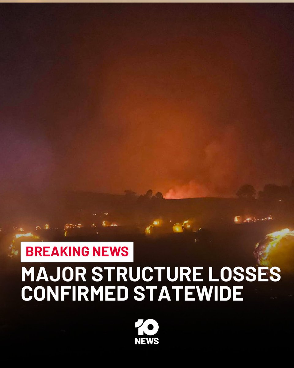 10NewsMelb's tweet photo. #BREAKING: Emergency Management Commissioner Tim Wiebusch confirmed at least 50 structures have been destroyed in the bushfires - a conservative figure expected to rise - with the worst losses around Ravenswood, Harcourt and Longwood.

The damage toll also includes cropping land, livestock and vineyards, with 20 structures lost at Natimuk and 10 at Yarroweyah near Cobram.

More than 200 fires burned across Victoria yesterday, with 10 still at the major fire level and expected to keep burning for days, if not weeks.

Premier Jacinta Allan warned it is not safe for residents to return to fire-affected communities, urging people to stay away and follow advice.

Strong winds and overnight lightning have added fresh risk, particularly in the Otways and Gippsland.