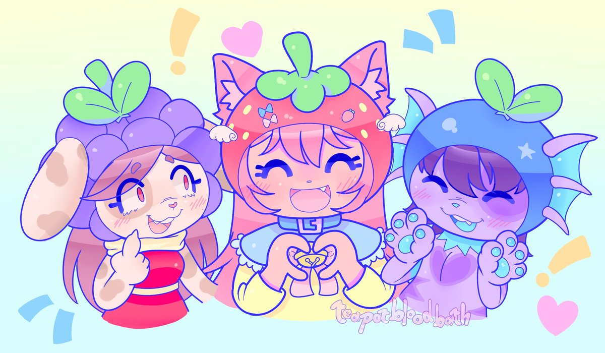 LilCatLilette's tweet photo. 🐇🐈🦈
look at us!!! we are little fruities!
🍇🍓🫐

ft @Twuster3 as grape and @norren1990 as blueberry ehehe https://t.co/sgPV40ESxM