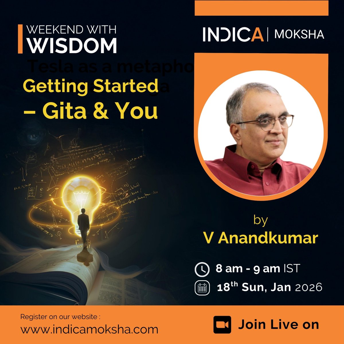ONENESS_FEST's tweet photo. Getting Started – Gita & You by V.Anandkumar
Join #WeekendWithWisdom as we unlock the Gita's transformative wisdom for modern life. This ancient text offers practical guidance for peace, happiness, and solace – for all ages.
📚 Key Highlights:
✅ Simplifies complex teachings
✅ Accessible language for all
✅ Democratizes spiritual wisdom
🗓️ Date: 18th Jan 2026 | Sunday
⏰ Time: 8 AM to 9 AM IST
Register now: https://t.co/uh36IcY9Cg
#GitaAndYou #HolyGita #WisdomForAll #INDICAMoksha @nkgrock @Sai_swaroopa @IndicaOrg