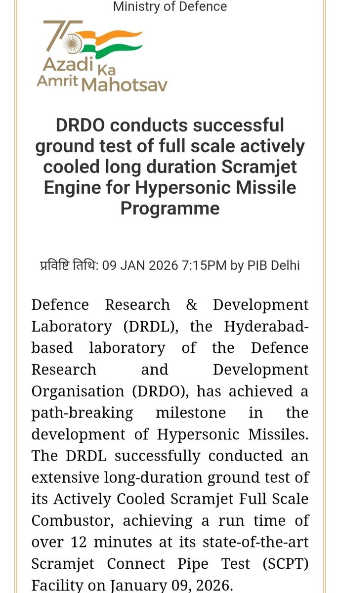 InquisitiveS_'s tweet photo. Official press release of testing actively cooled long duration Scramjet Engine for Hypersonic Missile Programme, the run time was over 12 minutes.
#Scramjet https://t.co/HC3YYkOpH1