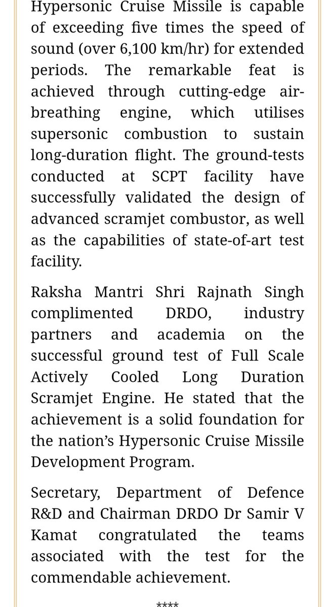 InquisitiveS_'s tweet photo. Official press release of testing actively cooled long duration Scramjet Engine for Hypersonic Missile Programme, the run time was over 12 minutes.
#Scramjet https://t.co/HC3YYkOpH1