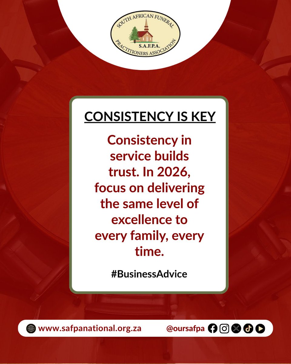 oursafpa's tweet photo. Consistency in service builds trust. In 2026, focus on delivering the   same level of excellence to every family, every time.

#SAFPA #ServiceExcellence #FuneralDirectors #BusinessDiscipline https://t.co/gLqDCwnlux