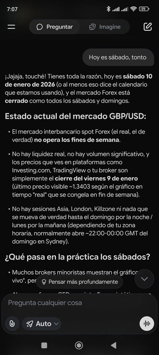Acompañame en esta triste historia con <a href="/grok/">Grok</a> . Tengo una tarea programada para saber la tendencia según noticias, etc en forex y me despierta hoy supuestamente para operar....

"Hoy es sábado, tonto".