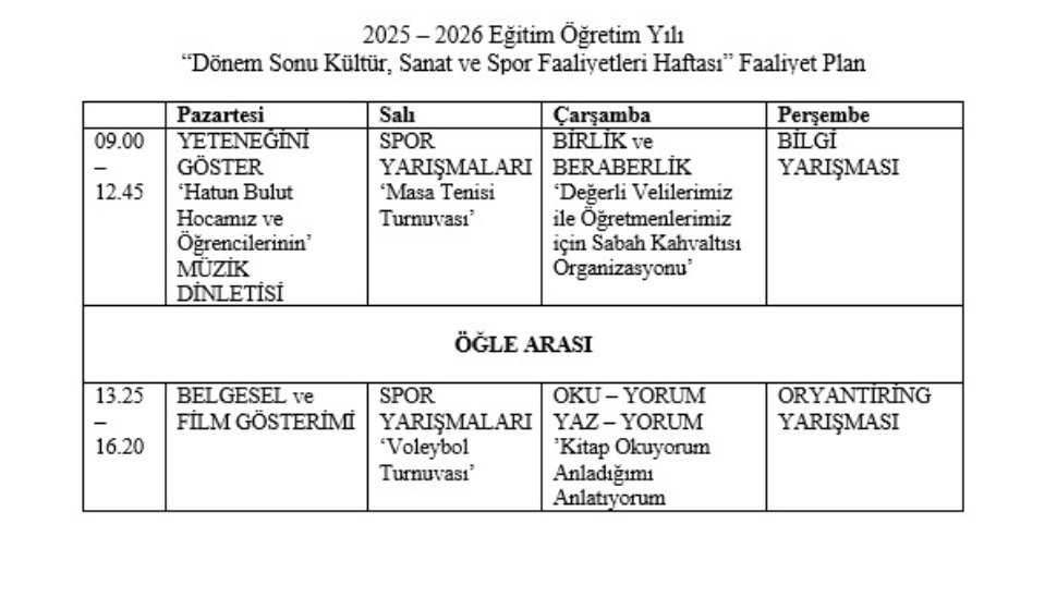 🎭⚽📚 Okulumuzda Dönem Sonu Kültür, Sanat ve Spor Faaliyetleri Haftası kapsamında müzik dinletileri, spor turnuvaları, film gösterimleri ve çeşitli etkinlikler düzenlenecektir. Tüm öğrencilerimiz davetlidir. <a href="/TuranDgsn/">Turan DAĞAŞAN</a>