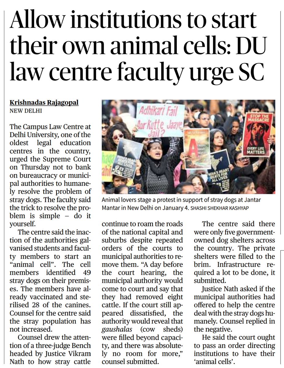 animallawcell's tweet photo. The Hindu, 9 January 2026 (Page 14)

"Allow institutions to start their own animal cells: DU law centre faculty urge SC"
 https://t.co/TpDcHP7FzU https://t.co/idSF05AwRO