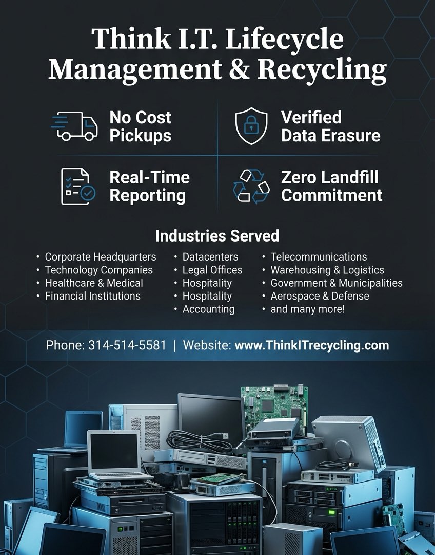 ThinkITstl's tweet photo. We handle all industries all over the US. Our logistics provide for no cost pickups, no charges for items that are deemed "ewaste" and service on your schedule, not ours! #ITAD #ComputerRecycling #ewaste https://t.co/VDVdphY3ar