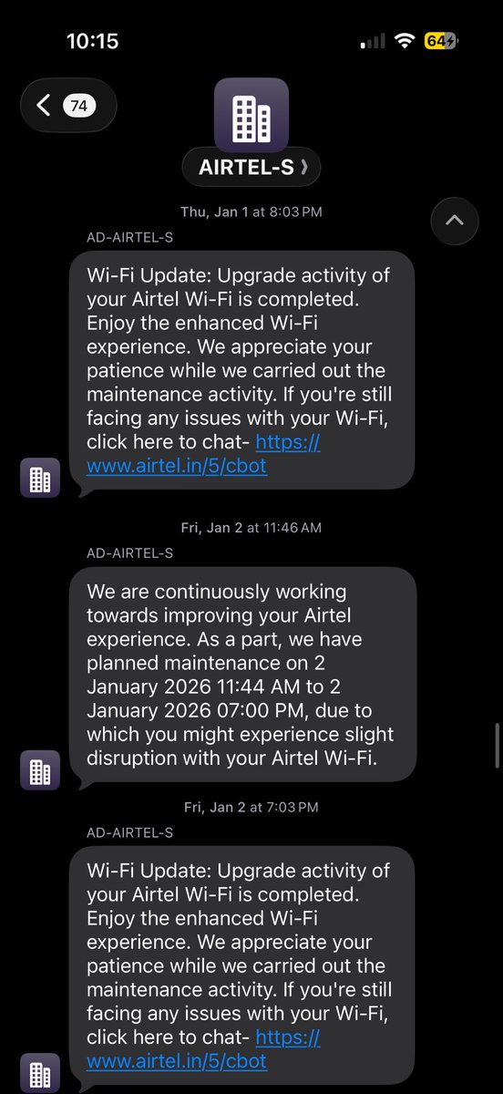 Gsiingh's tweet photo. Dear @X users, Just wanted to give advice to you if you are planning to broadband services of @airtelindia @Airtel_Presence, please don't consider it. Explore other options if possible since you will get frustrated once you start getting these msg from them on daily basis. https://t.co/pGAUiI31Wm