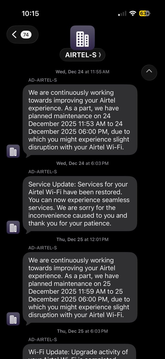 Gsiingh's tweet photo. Dear @X users, Just wanted to give advice to you if you are planning to broadband services of @airtelindia @Airtel_Presence, please don't consider it. Explore other options if possible since you will get frustrated once you start getting these msg from them on daily basis. https://t.co/pGAUiI31Wm