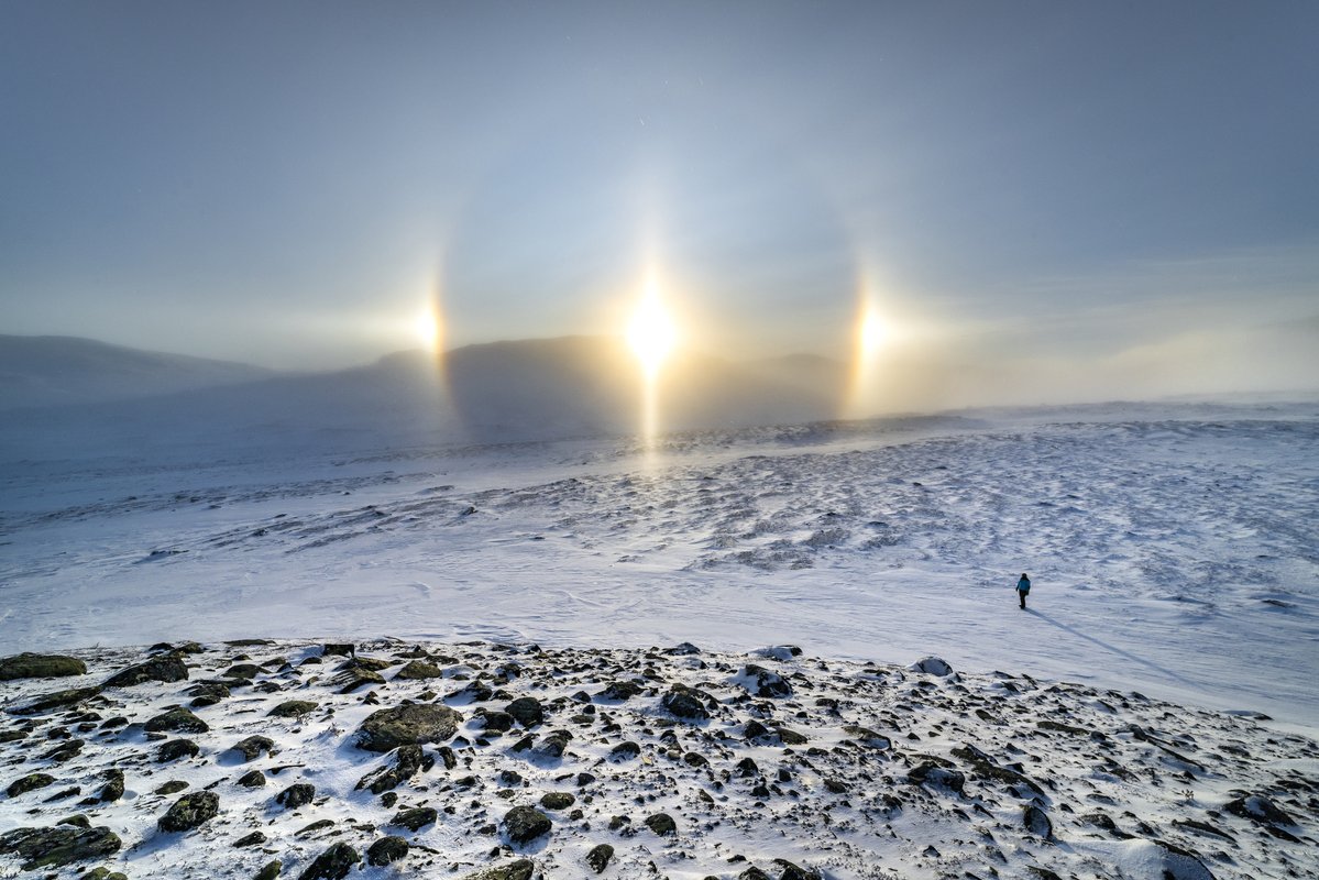 FNGhadaki's tweet image. In the pictures both Moon and Sun are surrounded by a more commonly seen 22 degree circular halo.
Bright and sometimes colorful patches at the intersections of the 22 degree circular halos with the indicated parselenic and parhelic arcs are also known as #MoonDogs and #SunDogs.