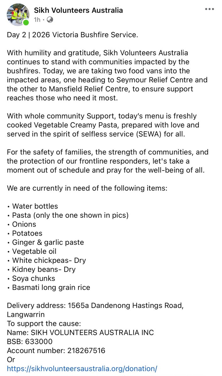 The @SikhVolunteers from Melbourne are heading to Seymour and Mansfield today to distribute freshly cooked Creamy Vegetable Pasta + cold drinks. If you’re able to support them please do so. They are the best of us #VictorianFires #auspol 

sikhvolunteersaustralia.org/donation/