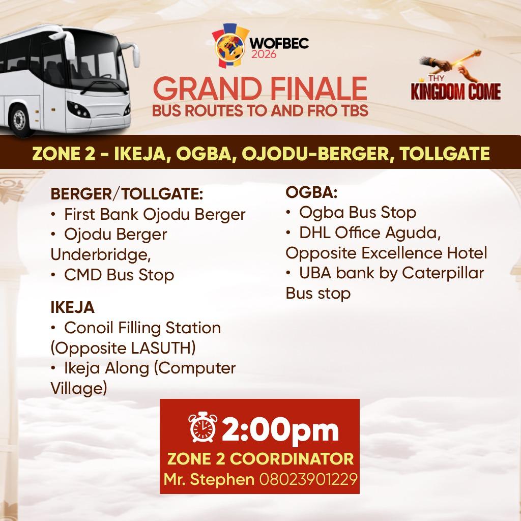 pastorpoju's tweet photo. Buses will be available to convey people from different locations in the Lagos area for the Grand Finale of @wofbec on Sunday the 11th of January. https://t.co/GVG6mksQfE
