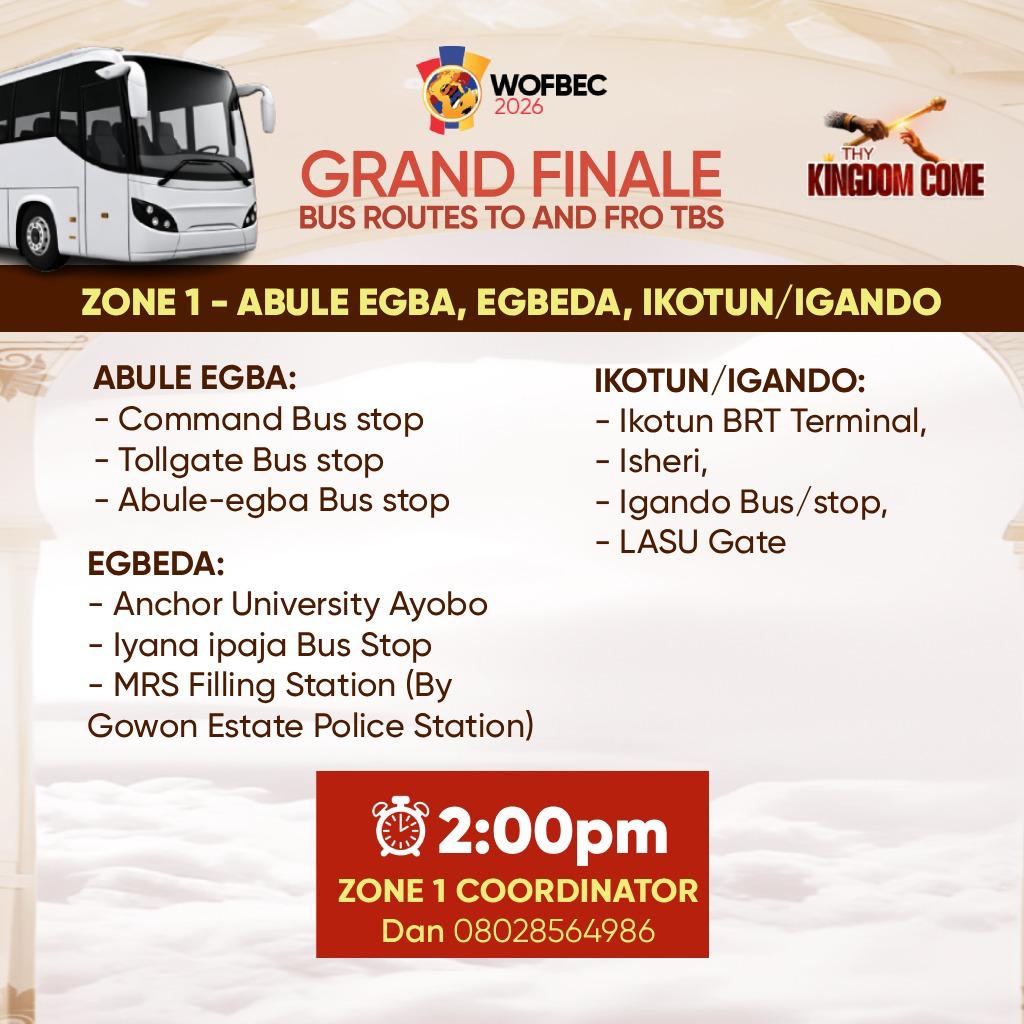 pastorpoju's tweet photo. Buses will be available to convey people from different locations in the Lagos area for the Grand Finale of @wofbec on Sunday the 11th of January. https://t.co/GVG6mksQfE