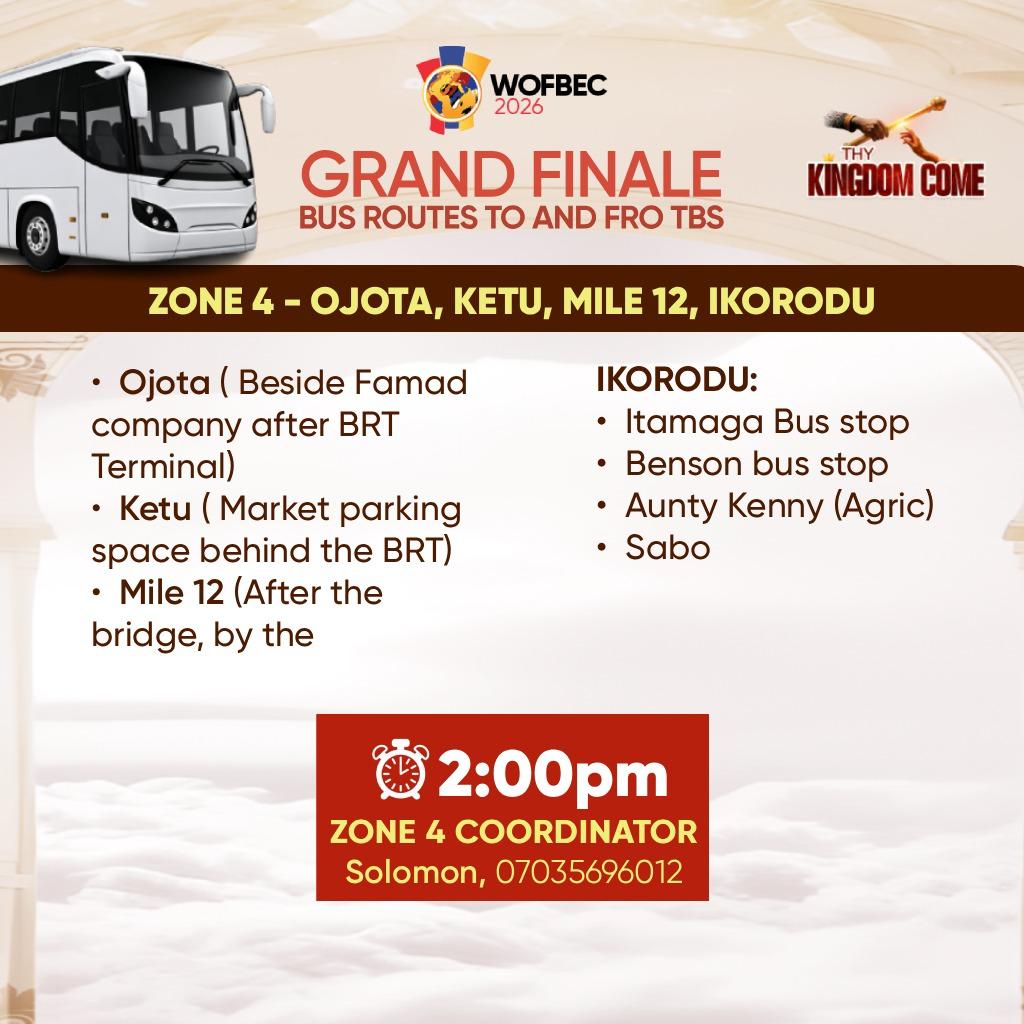 pastorpoju's tweet photo. Buses will be available to convey people from different locations in the Lagos area for the Grand Finale of @wofbec on Sunday the 11th of January. https://t.co/GVG6mksQfE