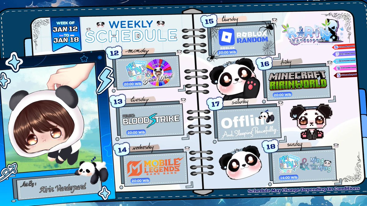 RirinVanderpand's tweet photo. WEEKLY SCHEDULE 🐼

12 - 18 JANUARY 2025 ദ്ദിʕ,,•̀ ᴗ -,,ʔ✧♪

Art By : @RirinVanderpand

Schedule May Change Depending On Conditions

#vtuber #weeklyschedule #vtuberid #ririnpand_live #ririnvanderpand https://t.co/sQVsQZWtQ7