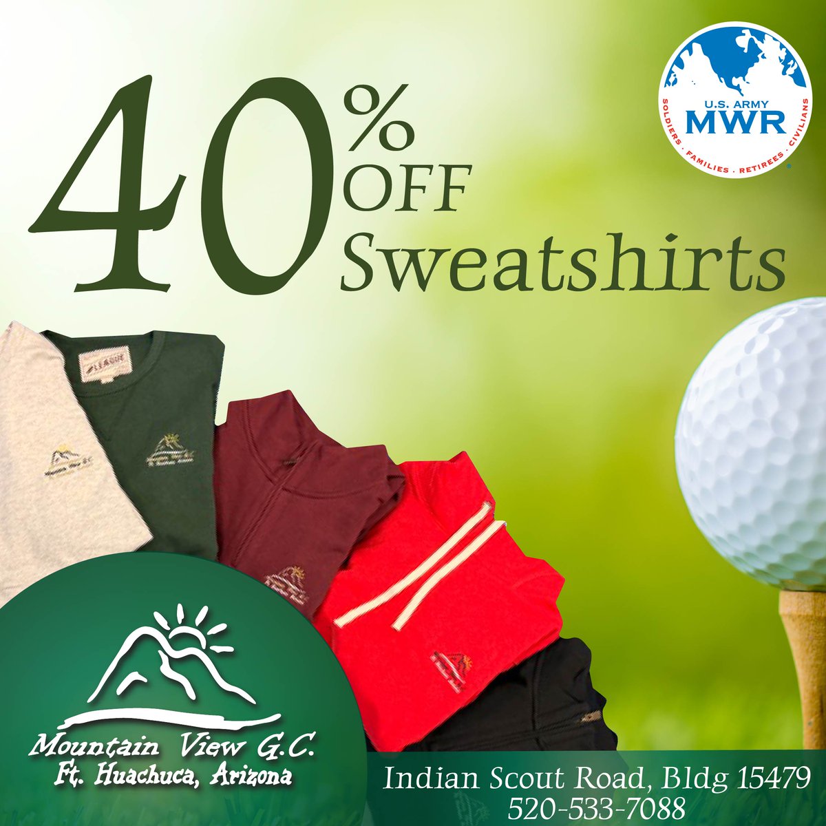 MWRHuachuca's tweet photo. 🔈 FACILITY ANNOUNCEMENT: The Pro Shop at Mountain View Golf Course is having a sale! Sweatshirts/pullovers 40% off! Many different styles and colors. Call 520-533-3246 for more information. https://t.co/yjfyL2Xeqb