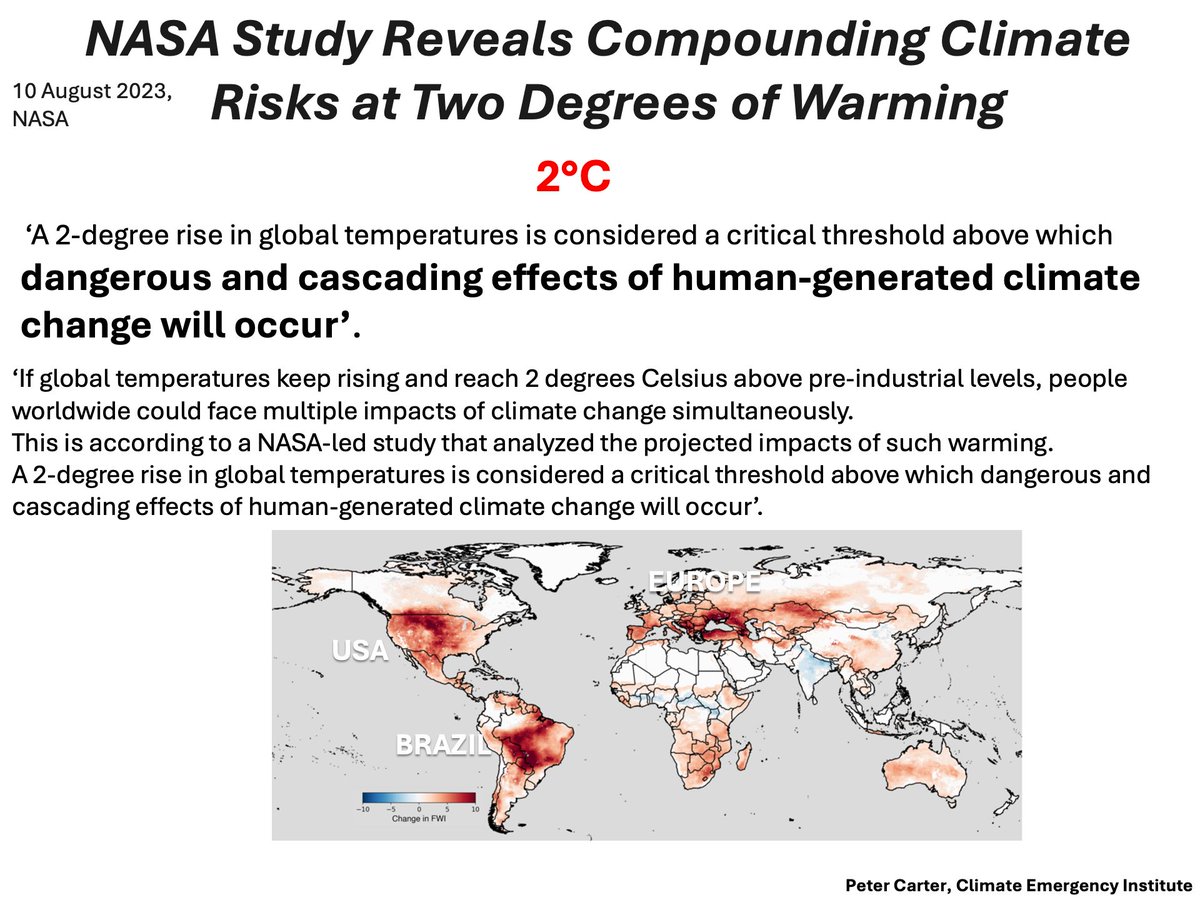 NASA: 2°C GLOBALLY DISASTROUS--UNLIVABLE
NASA Study, Multiple (compound) extreme impacts at 2°C.
2°C is unlivable and as nothing is being done to prevent, we will be there around 2040 (global warming is accelerating)
2°C is a critical threshold above which dangerous and cascading