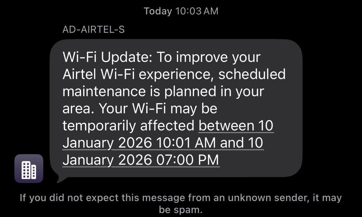 Gsiingh's tweet photo. @KAILASHThe @airtelindia bro I'm facing this issue for 15 days now. They send this msg everyday and take all the working hours just for their maintenance activity. https://t.co/10y3xMrK0z